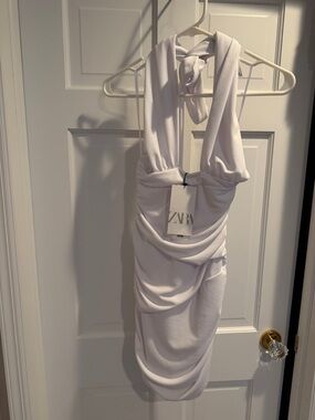 Zara White Halter Draped Mini Dress